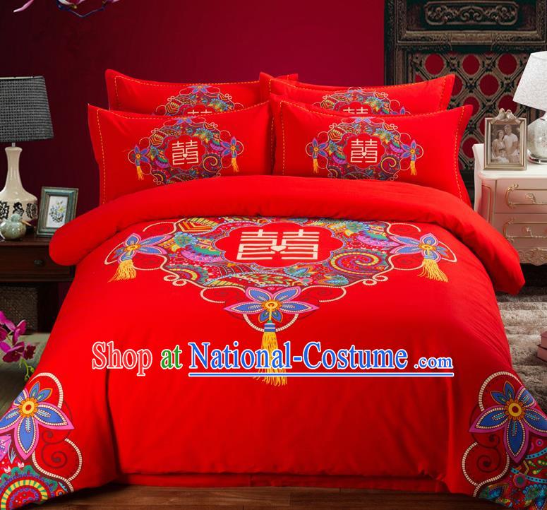 Traditional Chinese Style Wedding Bedding Set, China National Marriage Printing Xi Character Flowers Red Textile Bedding Sheet Quilt Cover Complete Set