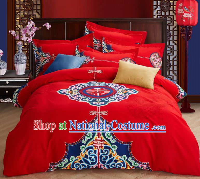 Traditional Chinese Style Wedding Bedding Set, China National Marriage Printing Xi Character Red Textile Bedding Sheet Quilt Cover Complete Set