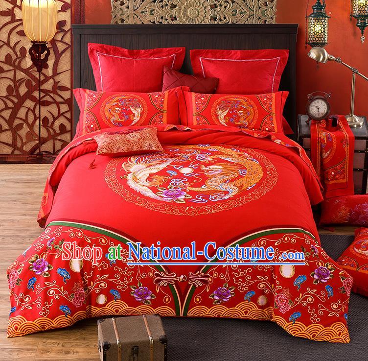 Traditional Chinese Style Wedding Bedding Set, China National Marriage Printing Dragon and Phoenix Flowers Red Textile Bedding Sheet Quilt Cover Complete Set