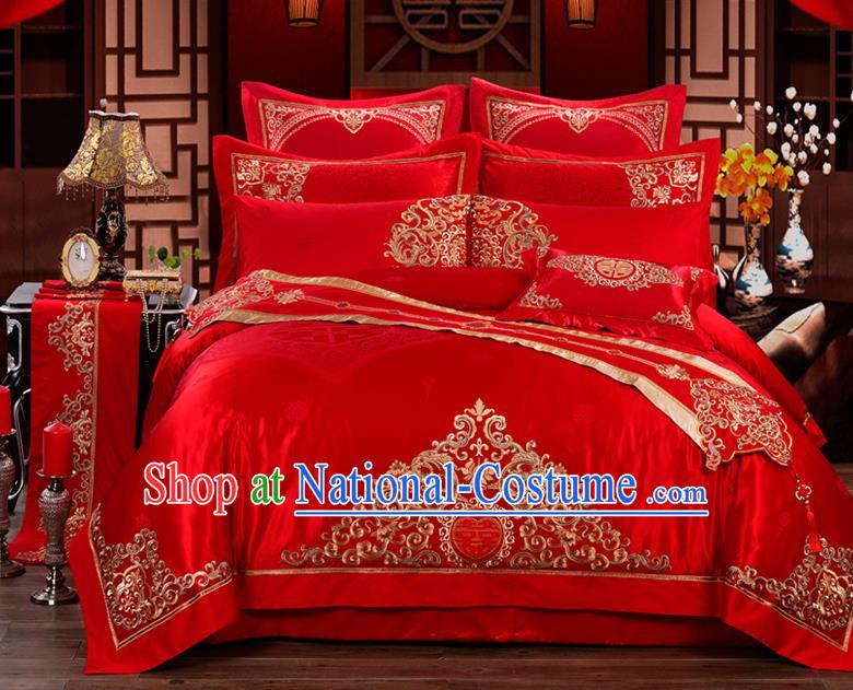 Traditional Chinese Style Wedding Bedding Set, China National Marriage Embroidery Red Textile Bedding Sheet Quilt Cover 11-piece suit