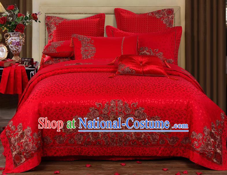 Traditional Chinese Style Wedding Bedding Set, China National Marriage Embroidery Red Satin Textile Bedding Sheet Quilt Cover 10-piece suit