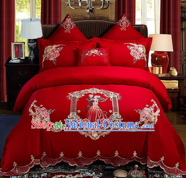 Traditional Chinese Style Wedding Bedding Set, China National Marriage Embroidery Love Couple Red Textile Bedding Sheet Quilt Cover Seven-piece suit