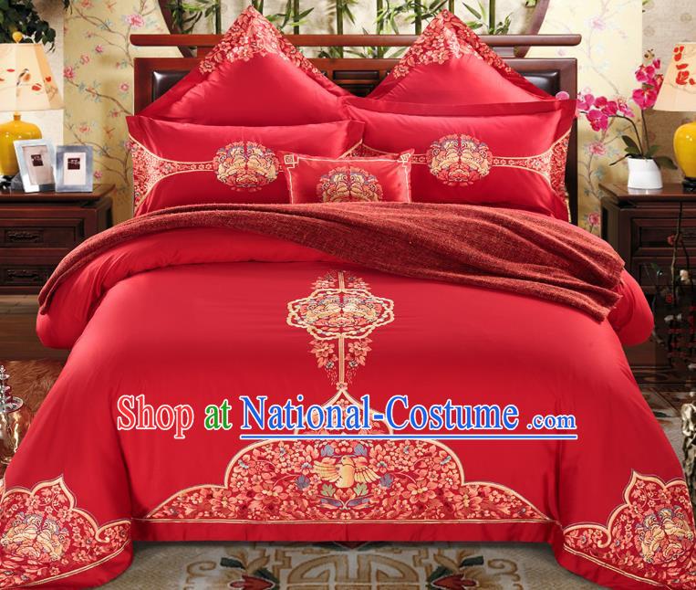 Traditional Chinese Style Wedding Bedding Set, China National Marriage Embroidery Red Textile Bedding Sheet Quilt Cover Seven-piece suit