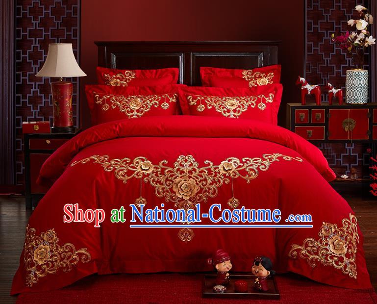 Traditional Chinese Style Wedding Bedding Set, China National Marriage Embroidery Red Textile Bedding Sheet Quilt Cover Seven-piece suit