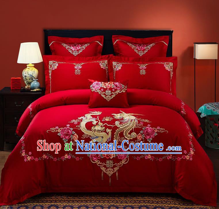 Traditional Chinese Style Wedding Bedding Set, China National Marriage Embroidery Twin Bliss Red Textile Bedding Sheet Quilt Cover Seven-piece suit