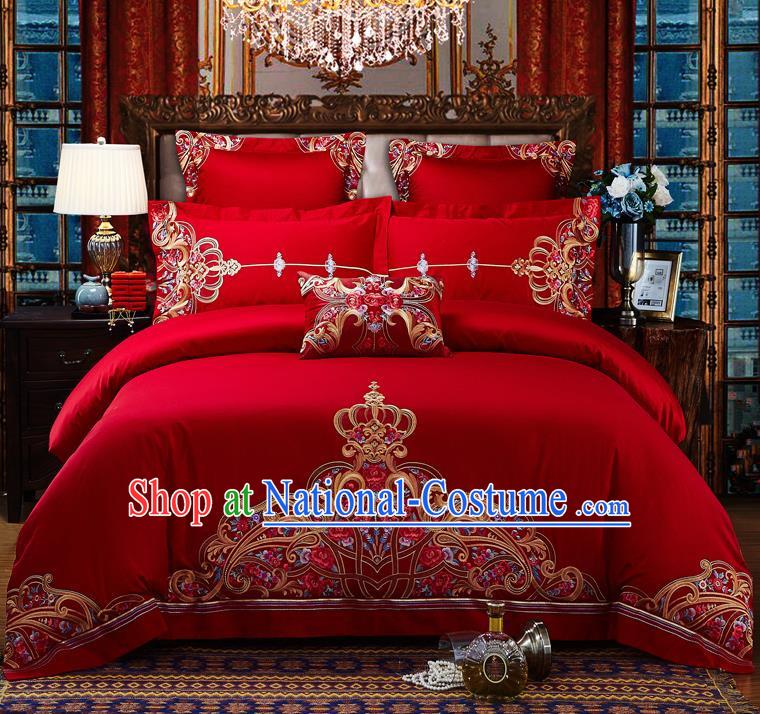 Traditional Chinese Style Wedding Bedding Set, China National Marriage Embroidery Red Textile Bedding Sheet Quilt Cover Seven-piece suit