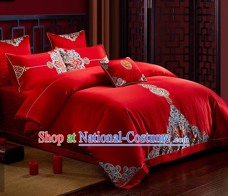 Traditional Chinese Style Wedding Bedding Set, China National Marriage Embroidery Red Textile Bedding Sheet Quilt Cover Seven-piece suit