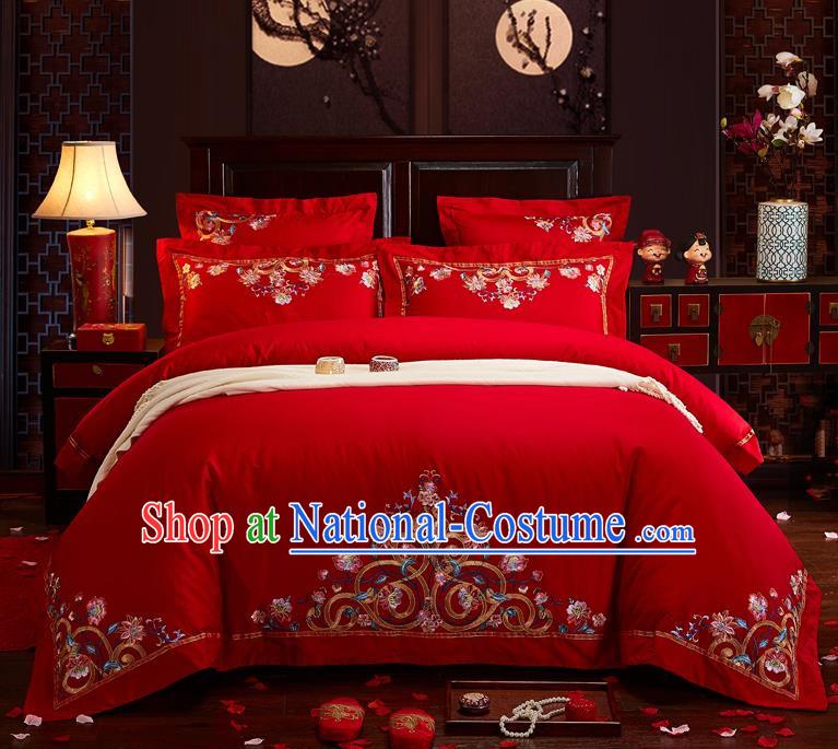 Traditional Chinese Style Wedding Bedding Set, China National Marriage Embroidery Red Textile Bedding Sheet Quilt Cover Seven-piece suit