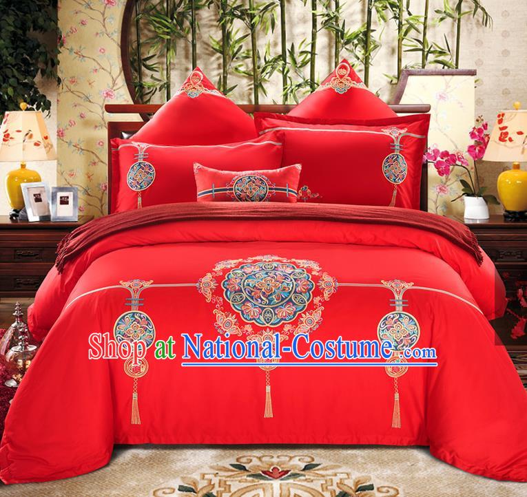 Traditional Chinese Style Wedding Bedding Set, China National Marriage Embroidery Red Textile Bedding Sheet Quilt Cover Seven-piece suit