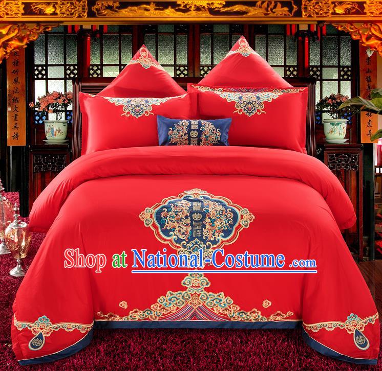 Traditional Chinese Style Wedding Bedding Set, China National Marriage Embroidery Twin Bliss Red Textile Bedding Sheet Quilt Cover Seven-piece suit