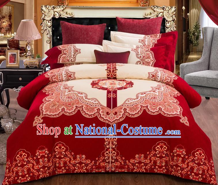 Traditional Chinese Style Wedding Bedding Set, China National Marriage Embroidery Wine Red Textile Bedding Sheet Quilt Cover Seven-piece suit