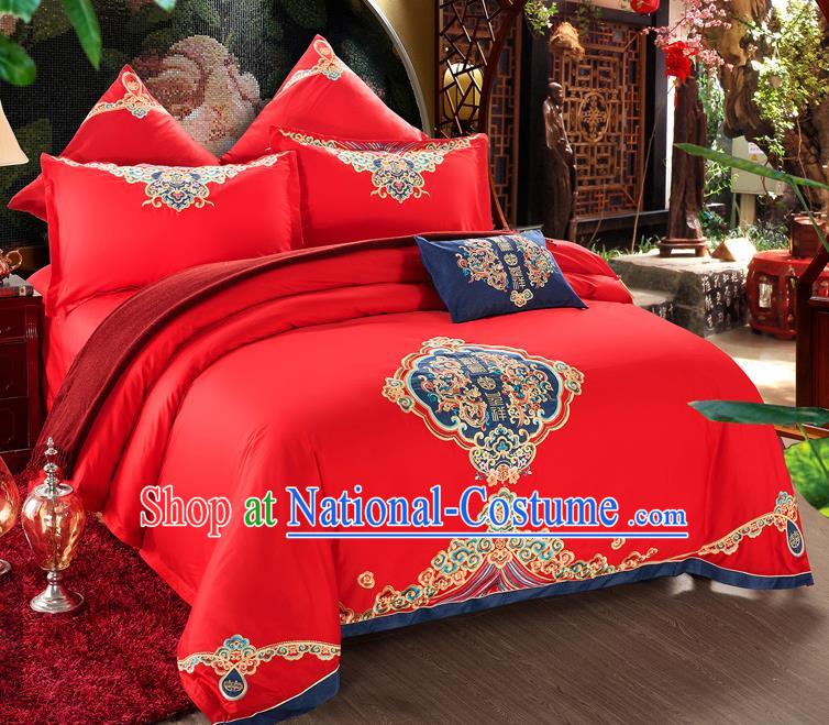 Traditional Chinese Style Wedding Bedding Article Embroidery Dragon and Phoenix Sheet and Duvet Cover Red Textile Bedding Suit