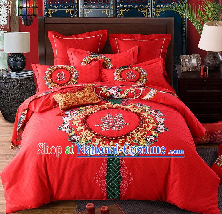 Traditional Chinese Style Wedding Bedding Set, China National Marriage Printing Flowers Red Textile Bedding Sheet Quilt Cover Seven-piece suit