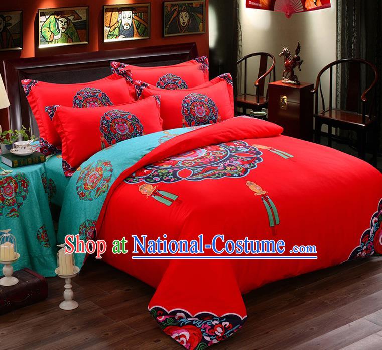 Traditional Chinese Style Wedding Bedding Set, China National Marriage Printing Red Textile Bedding Sheet Quilt Cover Seven-piece suit