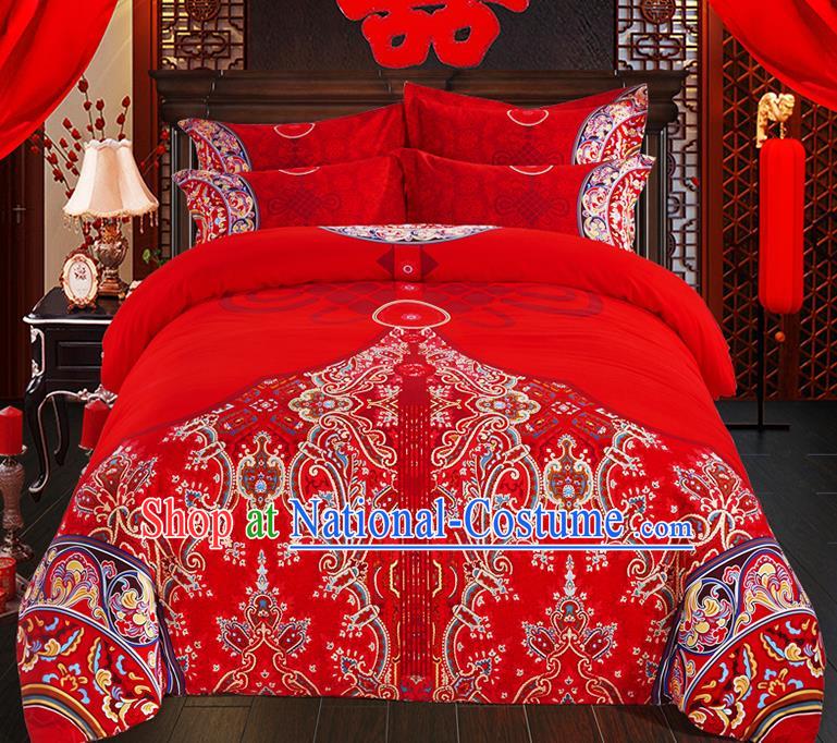 Traditional Chinese Style Wedding Bedding Set, China National Marriage Printing Flowers Red Textile Bedding Sheet Quilt Cover Seven-piece suit