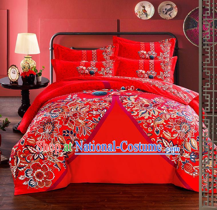 Traditional Chinese Style Wedding Bedding Set, China National Marriage Printing Flowers Red Textile Bedding Sheet Quilt Cover Seven-piece suit