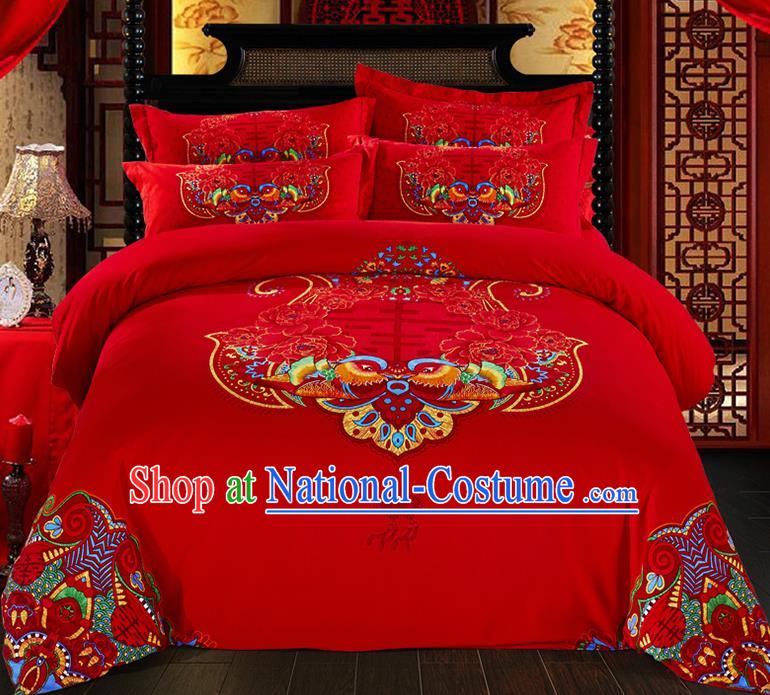 Traditional Chinese Style Wedding Bedding Set, China National Marriage Printing Mandarin Duck Red Textile Bedding Sheet Quilt Cover Seven-piece suit