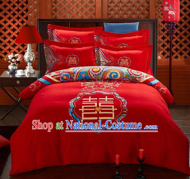 Traditional Chinese Style Wedding Bedding Set, China National Marriage Printing Xi character Red Textile Bedding Sheet Quilt Cover Seven-piece suit