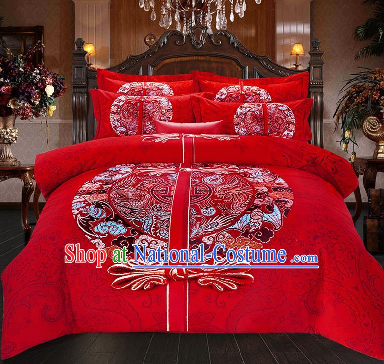 Traditional Chinese Style Wedding Bedding Set, China National Marriage Printing Plated Buttons Red Textile Bedding Sheet Quilt Cover Seven-piece suit