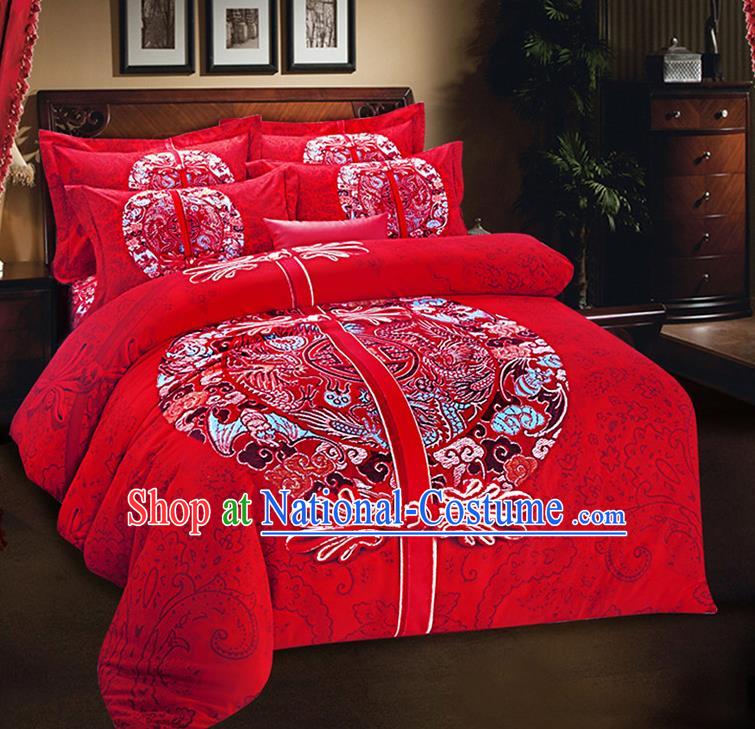 Traditional Chinese Style Wedding Bedding Article Embroidery Dragon and Phoenix Sheet and Duvet Cover Red Textile Bedding Suit