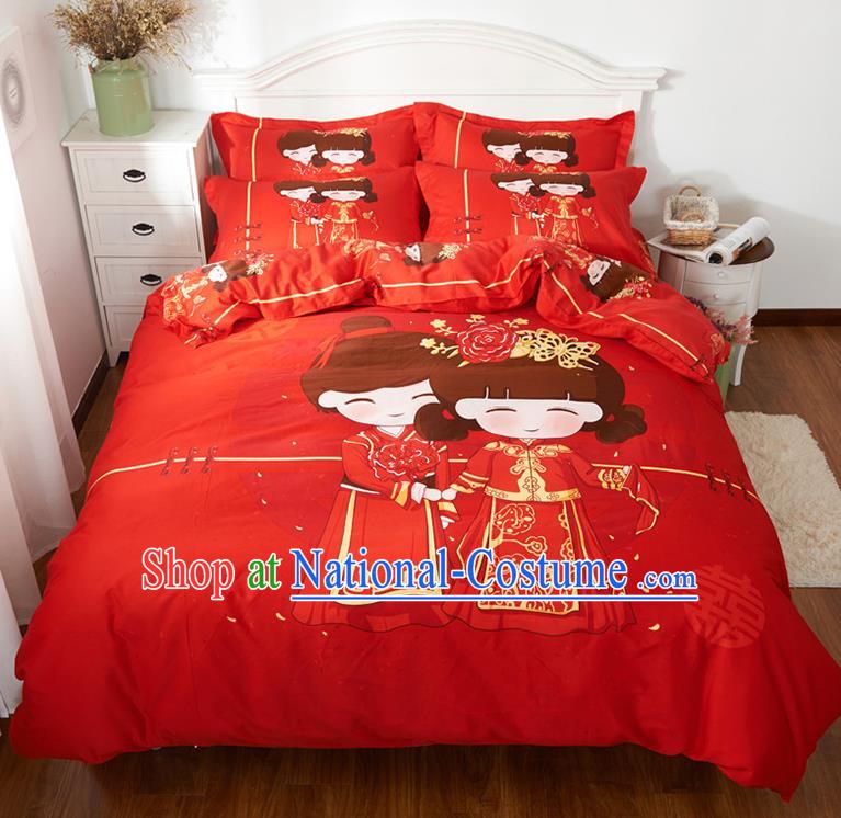 Traditional Chinese Style Wedding Bedding Set, China National Marriage Printing Bride Red Textile Bedding Sheet Quilt Cover Seven-piece suit