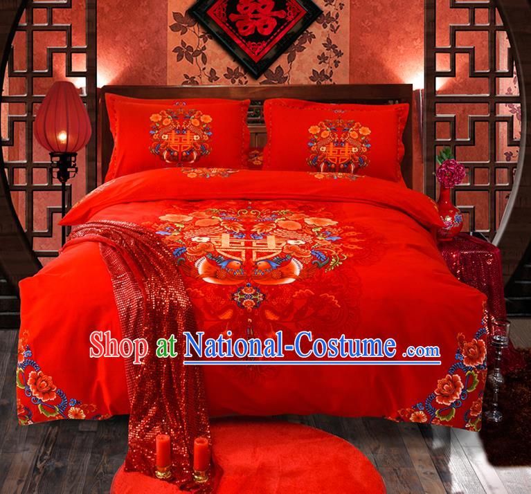 Traditional Chinese Style Wedding Bedding Set, China National Marriage Printing Mandarin Duck Peony Red Textile Bedding Sheet Quilt Cover Seven-piece suit