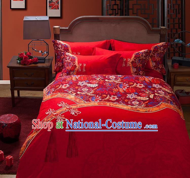 Traditional Chinese Style Wedding Bedding Set, China National Marriage Printing Flowers Red Textile Bedding Sheet Quilt Cover Seven-piece suit