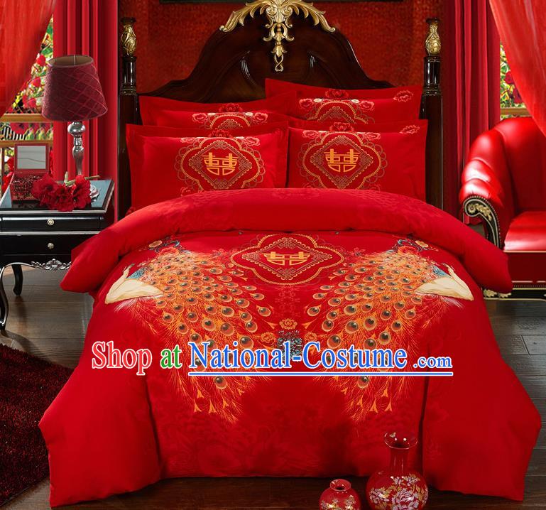 Traditional Chinese Style Wedding Bedding Set, China National Marriage Printing Peacock Red Textile Bedding Sheet Quilt Cover Seven-piece suit