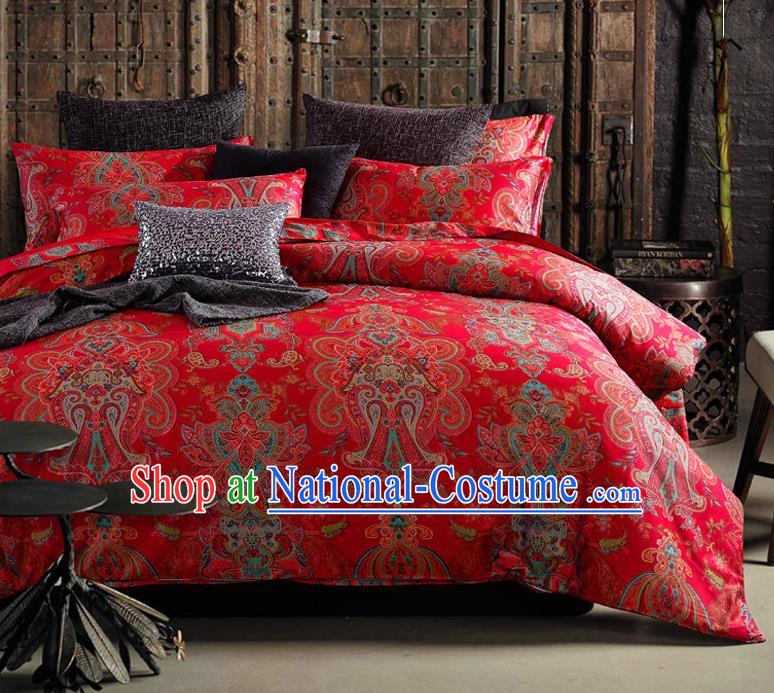 Traditional Chinese Style Wedding Bedding Set, China National Marriage Printing Red Satin Textile Bedding Sheet Quilt Cover Four-piece suit