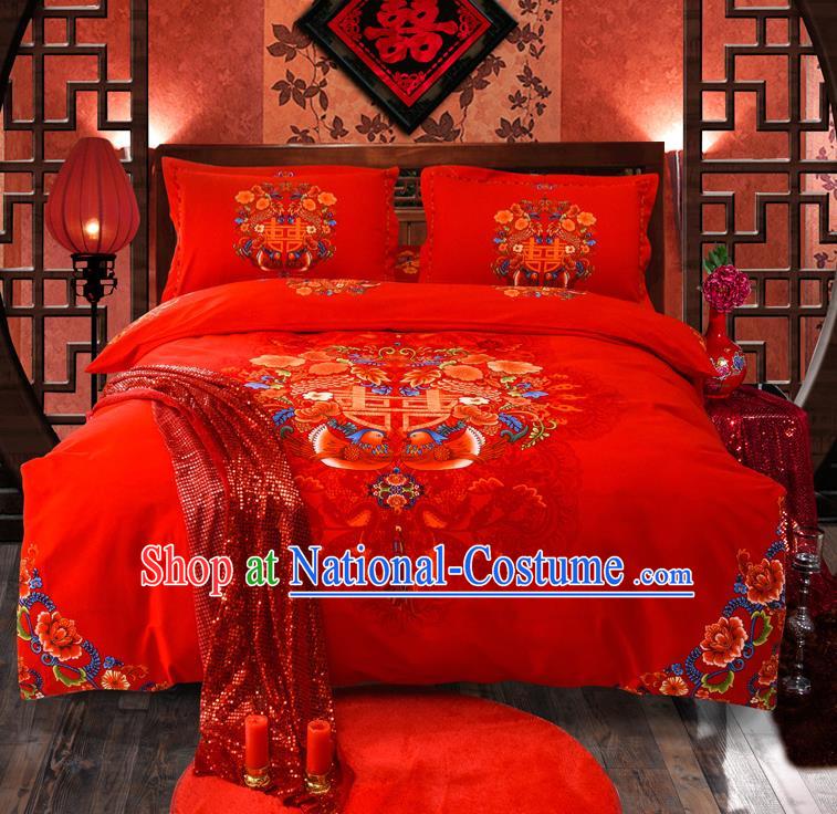 Traditional Chinese Style Wedding Bedding Set, China National Marriage Printing Mandarin Duck Red Satin Textile Bedding Sheet Quilt Cover Four-piece suit