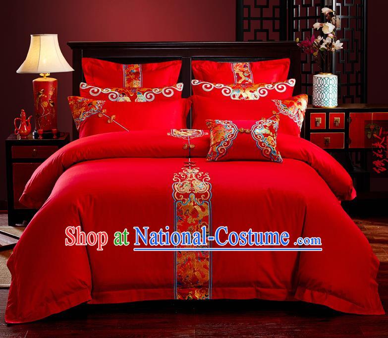 Traditional Chinese Style Wedding Bedding Set, China National Marriage Embroidery Red Textile Bedding Sheet Quilt Cover Six-piece suit