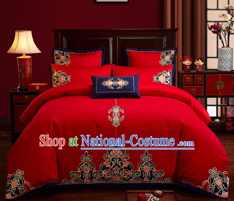 Traditional Chinese Style Wedding Bedding Set, China National Marriage Embroidery Red Textile Bedding Sheet Quilt Cover Seven-piece suit