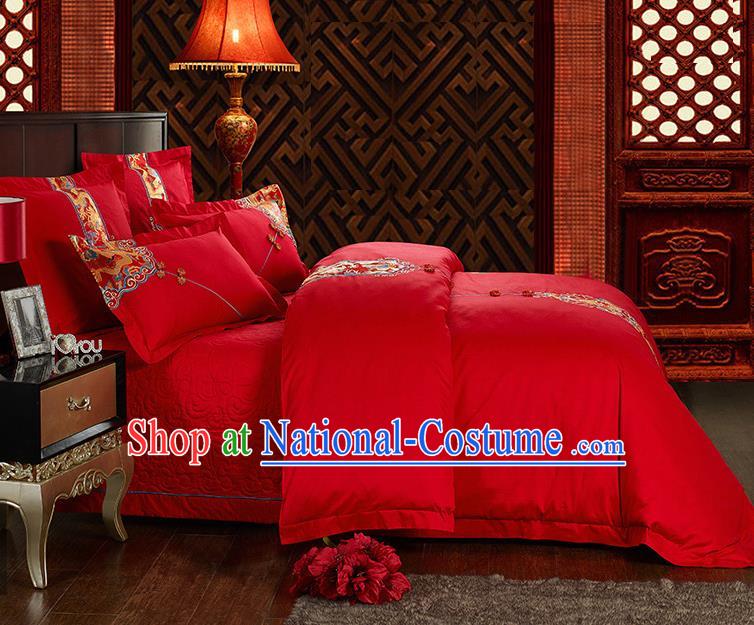 Traditional Chinese Style Wedding Bedding Set, China National Marriage Embroidery Dragon Red Textile Bedding Sheet Quilt Cover Six-piece suit