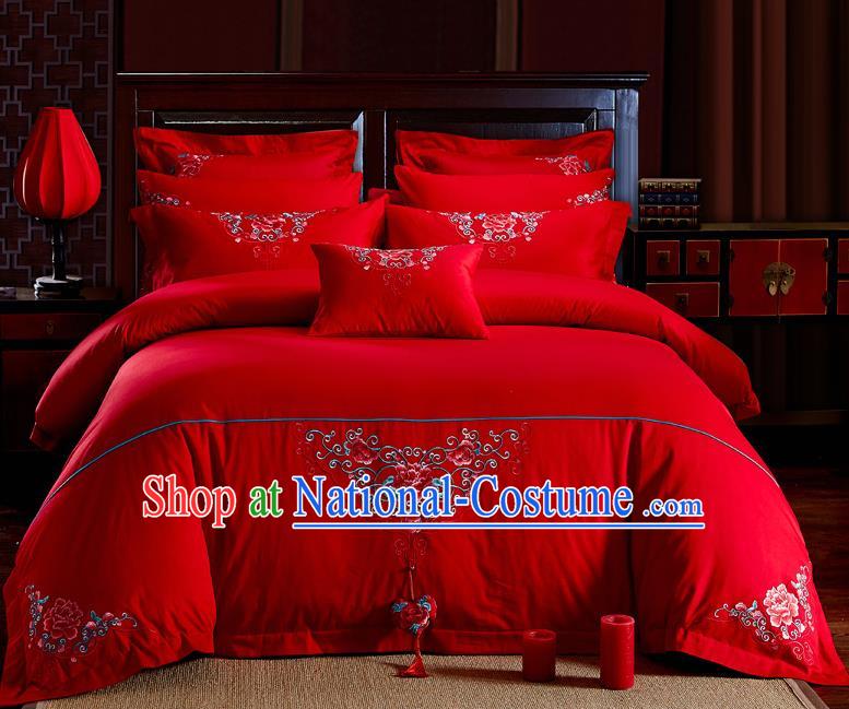 Traditional Chinese Style Wedding Bedding Set, China National Marriage Embroidery Peony Red Textile Bedding Sheet Quilt Cover Six-piece suit