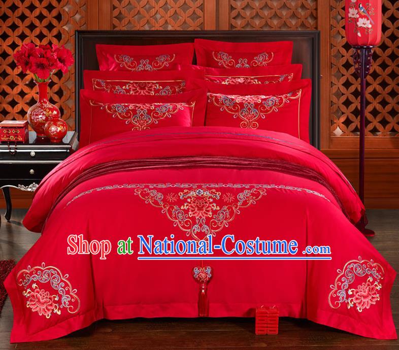 Traditional Chinese Style Wedding Bedding Set, China National Marriage Embroidery Peony Tassel Red Textile Bedding Sheet Quilt Cover Six-piece suit