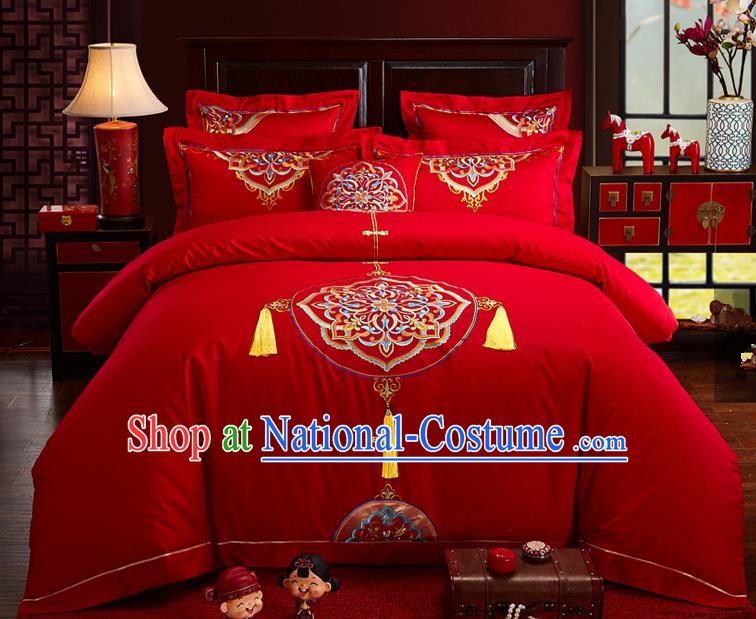 Traditional Chinese Style Wedding Bedding Set, China National Marriage Embroidery Flowers Red Textile Bedding Sheet Quilt Cover Seven-piece suit