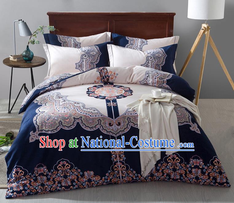 Traditional Chinese Style Wedding Bedding Set, China National Marriage Printing Blue Textile Bedding Sheet Quilt Cover Four-piece suit