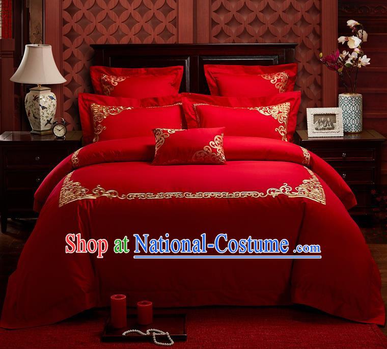 Traditional Chinese Style Wedding Bedding Set, China National Marriage Embroidery Red Textile Bedding Sheet Quilt Cover Seven-piece suit