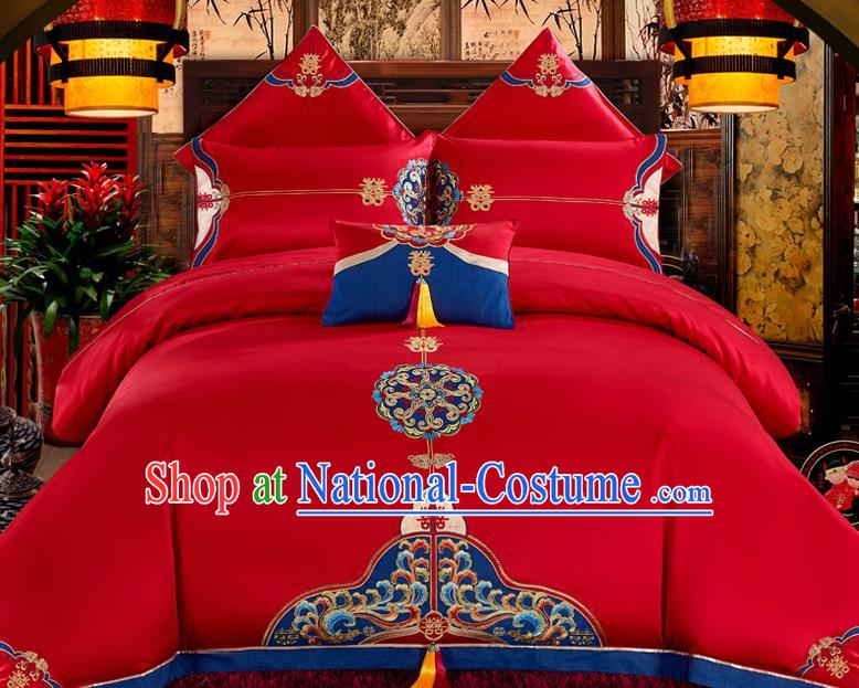 Traditional Chinese Style Wedding Bedding Set, China National Marriage Printing Red Textile Bedding Sheet Quilt Cover Four-piece suit