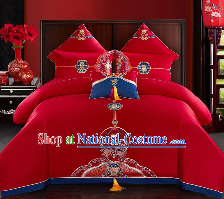 Traditional Chinese Style Wedding Bedding Set, China National Marriage Printing Peking Opera Red Textile Bedding Sheet Quilt Cover Four-piece suit