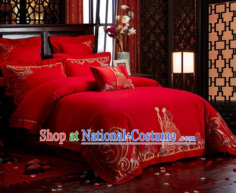 Traditional Chinese Style Wedding Bedding Set, China National Marriage Embroidery Bride Red Textile Bedding Sheet Quilt Cover Seven-piece suit