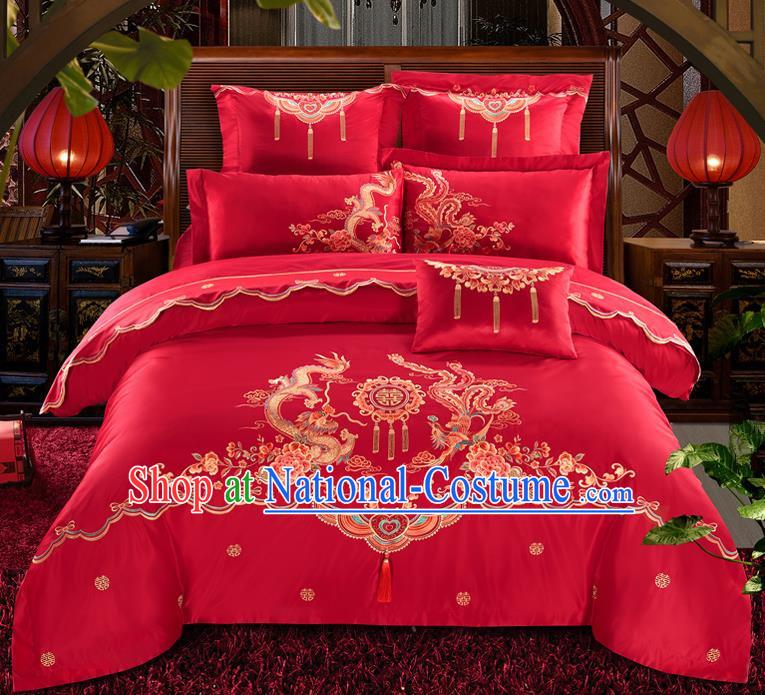 Traditional Chinese Style Wedding Bedding Set, China National Marriage Printing Dragon and Phoenix Red Textile Bedding Sheet Quilt Cover Seven-piece suit