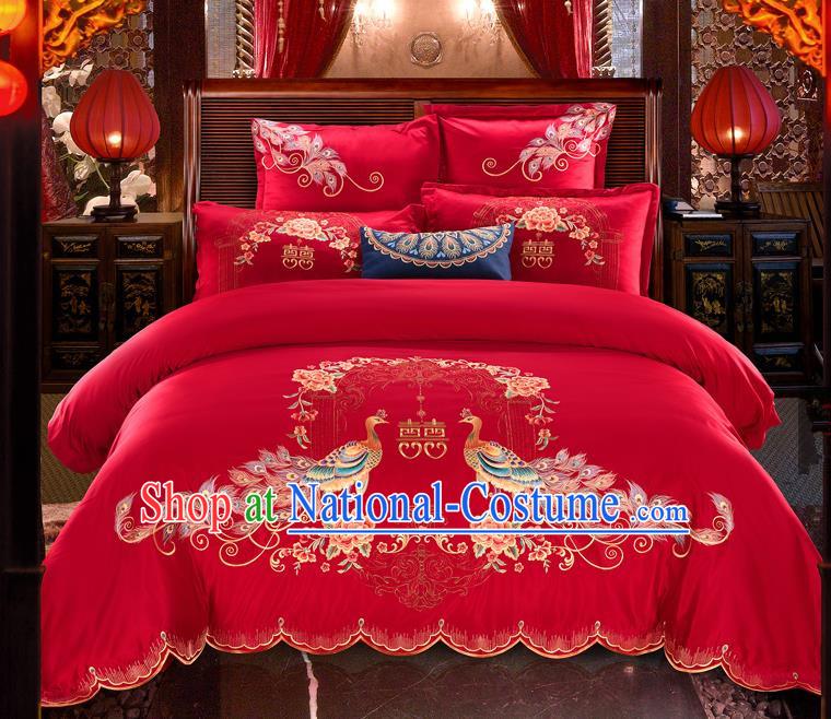 Traditional Chinese Style Wedding Bedding Set, China National Marriage Printing Peacock Red Textile Bedding Sheet Quilt Cover Seven-piece suit