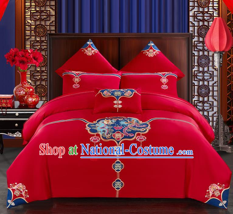 Traditional Chinese Style Wedding Bedding Set, China National Marriage Printing Twin Bliss Red Textile Bedding Sheet Quilt Cover Seven-piece suit