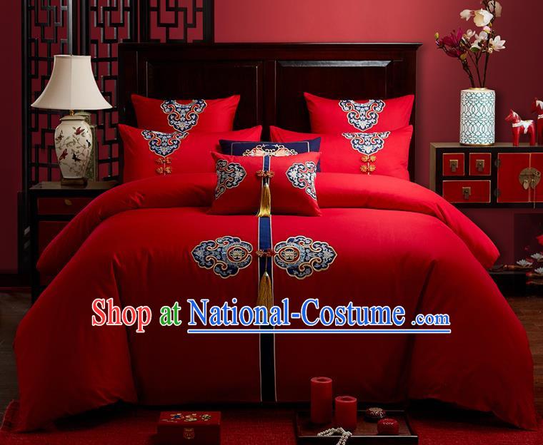 Traditional Chinese Style Wedding Bedding Set, China National Marriage Embroidery Tassel Red Textile Bedding Sheet Quilt Cover Seven-piece suit