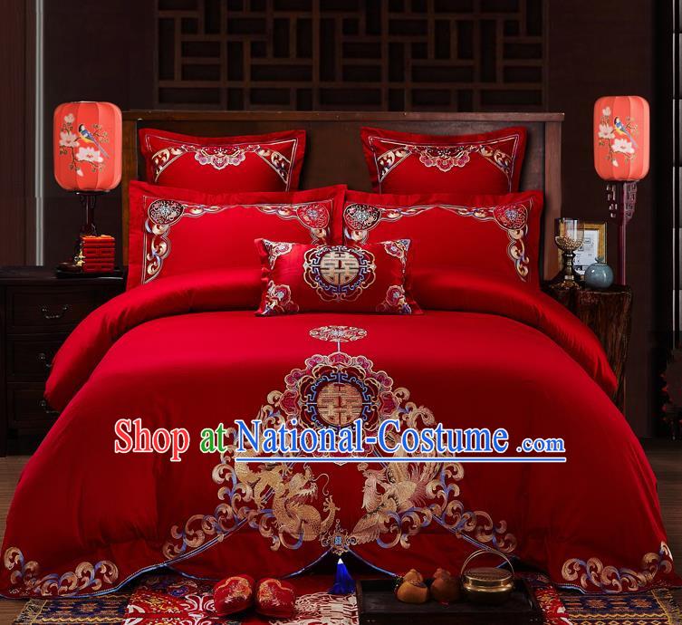 Traditional Chinese Style Wedding Bedding Set, China National Marriage Embroidery Dragon and Phoenix Red Textile Bedding Sheet Quilt Cover Seven-piece suit