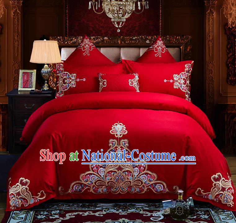 Traditional Chinese Style Wedding Bedding Set, China National Marriage Embroidery Flowers Red Textile Bedding Sheet Quilt Cover Seven-piece suit