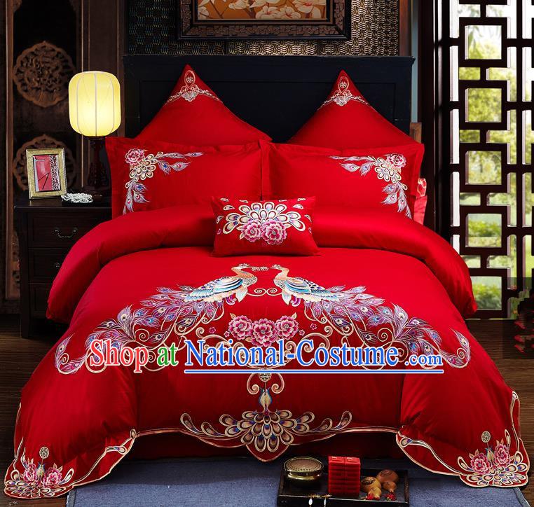 Traditional Chinese Style Wedding Bedding Set, China National Marriage Embroidery Peacock Red Textile Bedding Sheet Quilt Cover Seven-piece suit