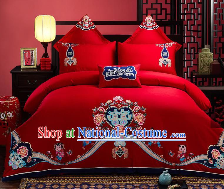 Traditional Chinese Style Wedding Bedding Set, China National Marriage Embroidery Love for All Seasons Red Textile Bedding Sheet Quilt Cover Seven-piece suit