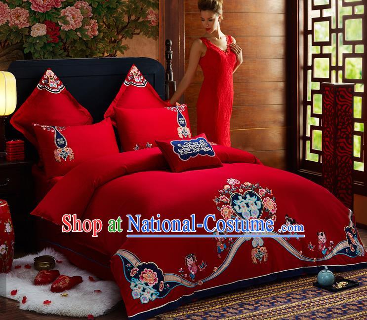 Traditional Chinese Style Wedding Bedding Article Embroidery Dragon and Phoenix Sheet and Duvet Cover Red Textile Bedding Suit